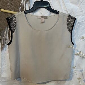 Ann Taylor Cream Cap-Sleeve Shell with Metallic Shoulder Embellishment